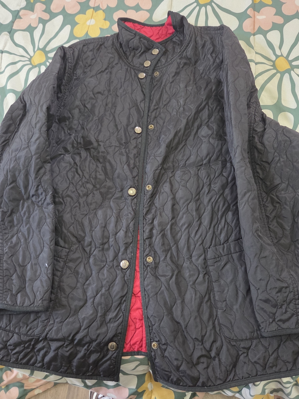 Reversible Quilted Jacket Red Black Wave Pattern Vintage Equestrian Horseshoe Sn